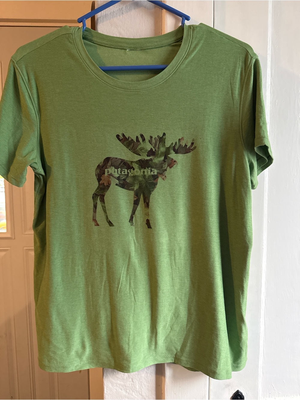 Patagonia Green Short Sleeve Tee with Camo Moose Graphic